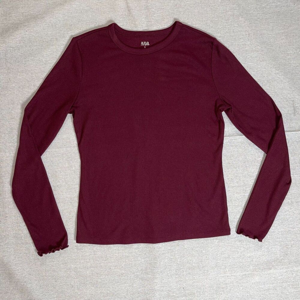 a.n.a. | Burgundy Lettuce Edge Long Sleeve Ribbed Top | Small